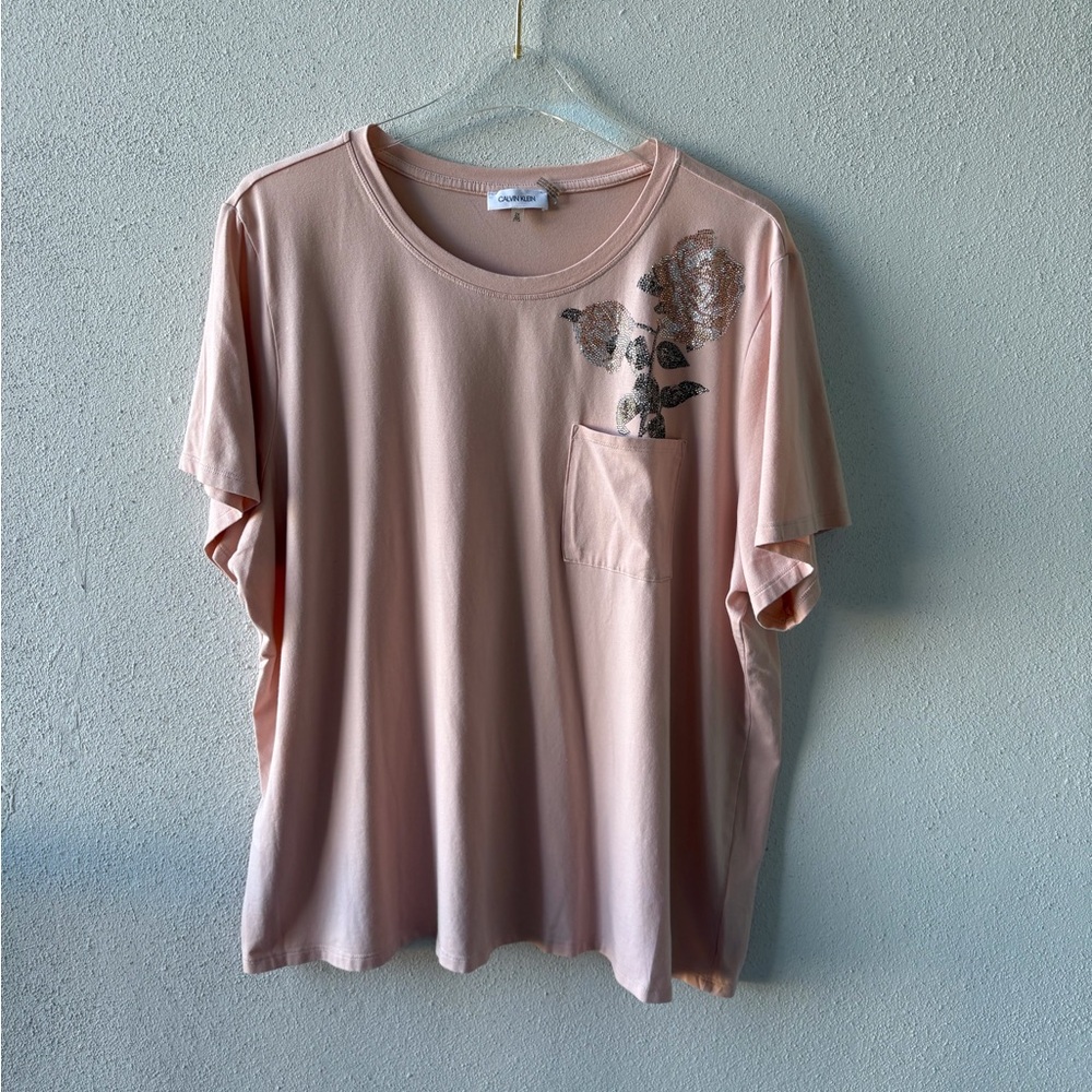 Calvin Klein Embellished Rose Short Sleeve Tee SZ  2X Rhinestone Blush Pink Soft